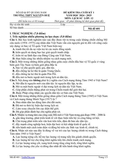 Đề thi Học kì 1 Lịch sử 12 năm 2024-2025 trường THPT Nguyễn Huệ (Quảng Nam)